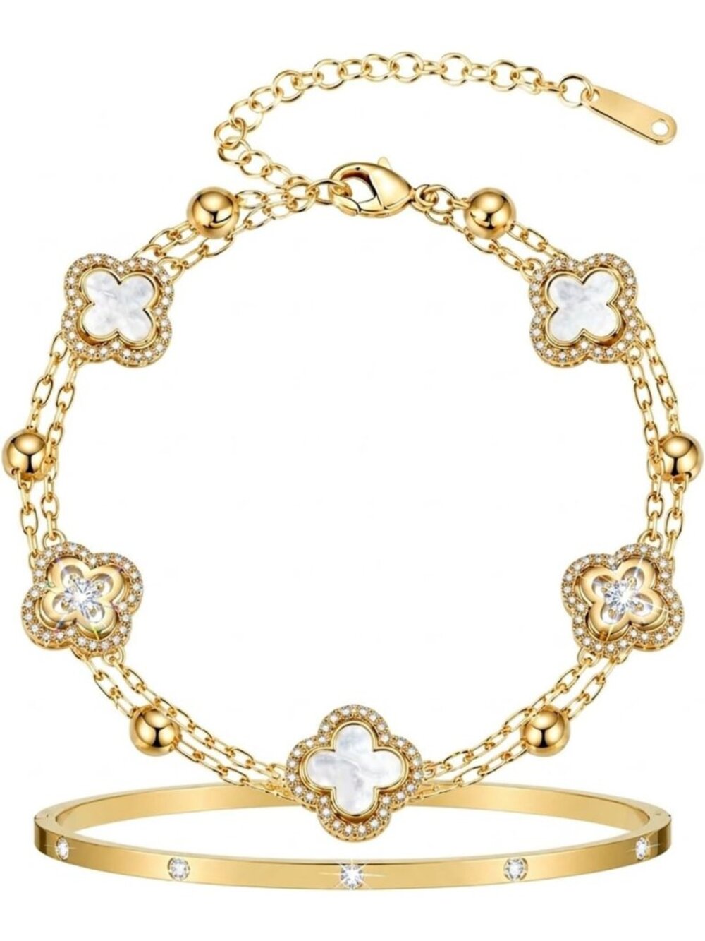 14K Gold Plated CZ Clover Bracelet Set for Women - Stackable Fashion Jewelry